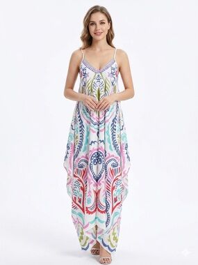 Boho ULUWATU Colorful Floral Maxi Dress with Spaghetti Straps size L